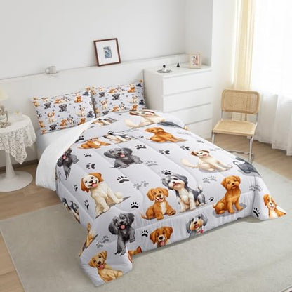 Kids Cute Dog Comforter Set Toddler Cartoon Dogs Bedding Set for Boys Girls Children Pet Dog Puppy Animal Lover Comforter Lovely Dog Paw Down Alternative Comforter for All Season Room Decor Twin Size
