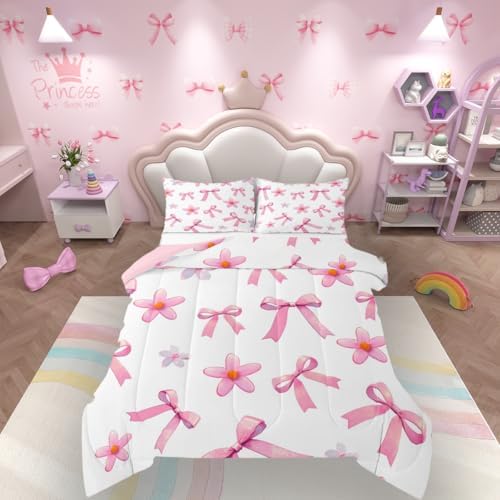 jejeloiu Pink Bow Comforter Set All Season Kawaii Bowknot Bedding Set with 2 Pillow Cases Dreamy Princess Style Microfiber Kids Full Bedclothes Cute Bow Bedroom Decor Duvet Quilt Breathable Soft