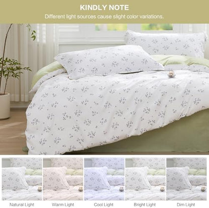 SAPHREAS King Duvet Cover White Cute Floral Bedding Set with 8 Corner Ties and 2 Pillow Shams Microfiber Reversible Duvet Cover Set with Zipper Closure?Green