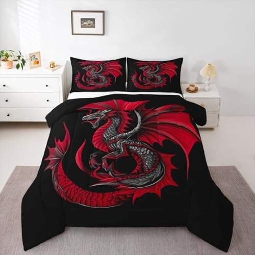 Feelyou Dragon Bedding Set Soft for Boys Girls, Wild Life Comforter Set King Size Jungle Dragon Duvet Quilt Microfiber Red Black Bedroom Decor 3 Pcs with 2 Pillow Cases