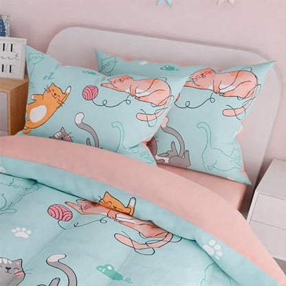 SANDJEST Cat Comforter Set Full for Girls, Ultra Soft Microfiber Bedding Sets with 4-Pieces, Cats Comforters Bed Sets for Kids Children Girl Bedroom Decor