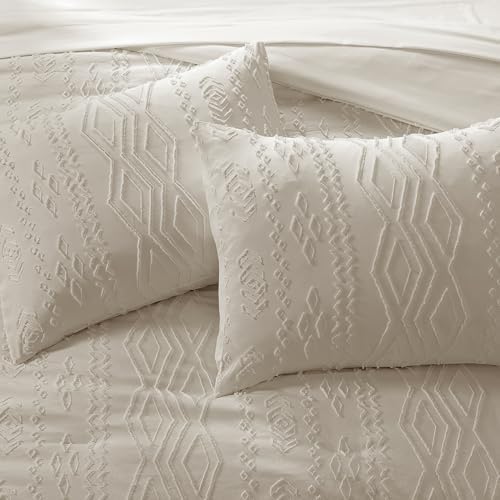 Full Size Comforter Set Beige Tufted Boho Bedding Sets Farmhouse 7 Piece