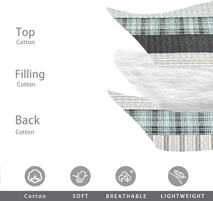Homzard 100% Cotton Quilts Queen Size Teal White Plaid Farmhouse Plaid Striped Bedspread Set,Lightweight Breathable Comforter Reversible Coverlet All Season 3 Pieces
