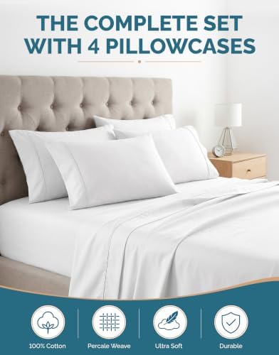 Casa Platino Cal King Sheets Set –100% Cotton Cal King Sheets with 4 Pillowcases, Lightweight Feel & Secure Fit, Crisp & Breathable Percale Weave with 15" Deep Pocket, Soft and Cozy – Pure White