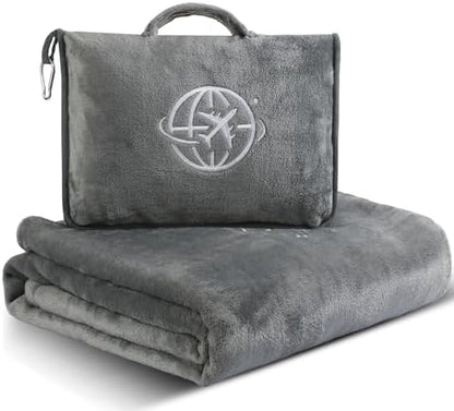 2-in-1 Travel Blanket and Pillow – Lightweight, Compact, Ultra Soft, Machine Washable – Handle, Luggage Sleeve, Backpack Clip – for Travel Airplane, Car, Office (Gray)