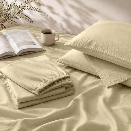 MEISHANG 100% French Linen Sheets King,4 Pcs,16" Deep Pocket