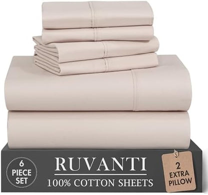 RUVANTI 100% Cotton Full Sheet Set, Percale Full Size Sheets, Soft Beige