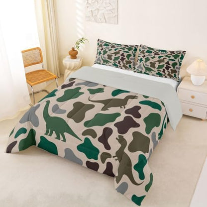 Manfei Army Green Camo Comforter Set Full Size,Dinosaur Camouflage Bedding Set 3pcs,Wild Animals Theme Down Comforter for All Season,Kids Boys Girls Room Decor,2 Pillowcases,No Sheets