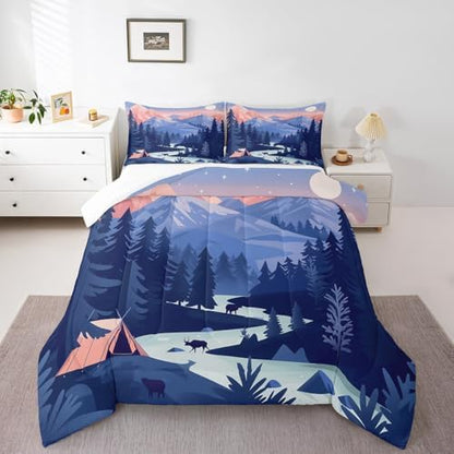 Woodland Comforter Set Toddler Size,Pine Tree Boho Bedding Set for Kids Girls Boys Adults Room Decor,Rustic Style Nature Botanical Duvet Insert 2Pcs,Polka Dot Snowflake Plant Quilt Set,1 Pillowcase