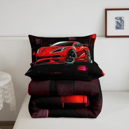 Erosebridal Racing Car Comforter Set Toddler Red Sports Car Bedding Set for Boys Speed Extreme Sports Theme Down Comforter Car Racing Quilt Black Red Geometric Square Duvet Insert 2Pcs Bedding Decor