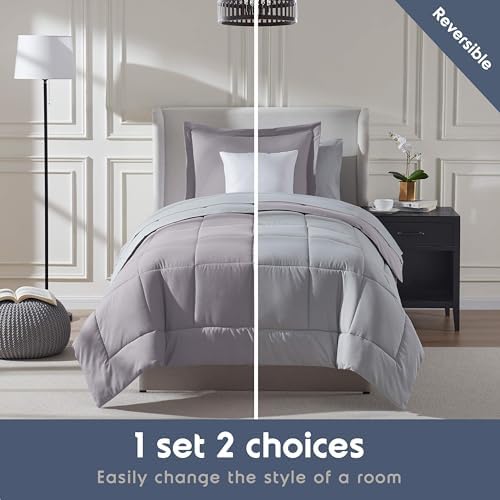 Nestl 7 Piece Twin XL Comforter Set – Grey Lavender Reversible Bed in a Bag – Complete Twin XL Size Bedding Set with Sheets, Set of 2 Down Alternative Pillows, Pillowcase and Sham