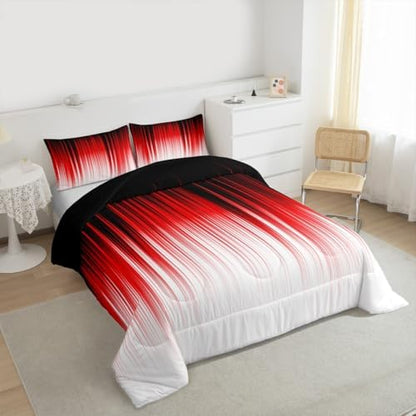 Teens Abstract Ombre Comforter Set Queen Size,Red Black White Bedding Set for Kids Boys Girls Bedroom Decoration,Gradient Watercolor Bed Duvet Insert,Geometric Comforter with 2 Pillowcases
