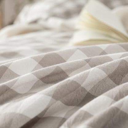 BESTOUCH Gingham Cotton Duvet Cover Set Linen Grey Oversized Full