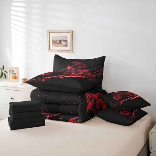 Feelyou Red Neon Dirt Bike Comforter Set Full 7 Pieces Motocross Bedding Set for Boys Girls Line Art Design Bed in a Bag Speed Racing Room Decor Extreme Sports Pattern Quilted Soft Lightweight