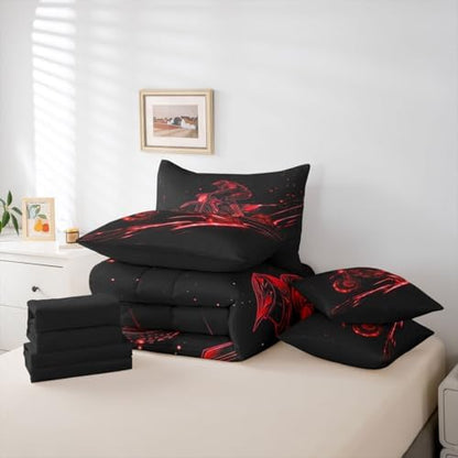 Feelyou Red Neon Dirt Bike Comforter Set Full 7 Pieces Motocross Bedding Set for Boys Girls Line Art Design Bed in a Bag Speed Racing Room Decor Extreme Sports Pattern Quilted Soft Lightweight