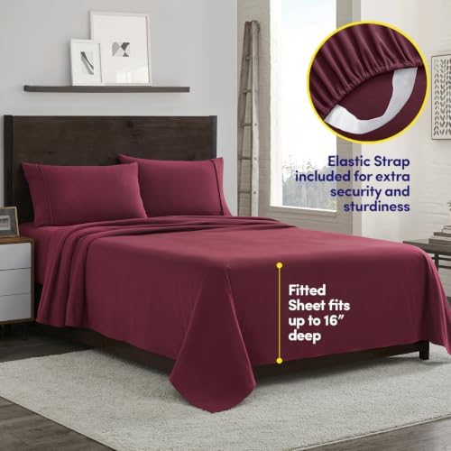 Flannel Sheets Warm and Cozy Deep Pocket Breathable All Season Bedding Set with Fitted, Flat and Pillowcases, Full, Burgundy Red