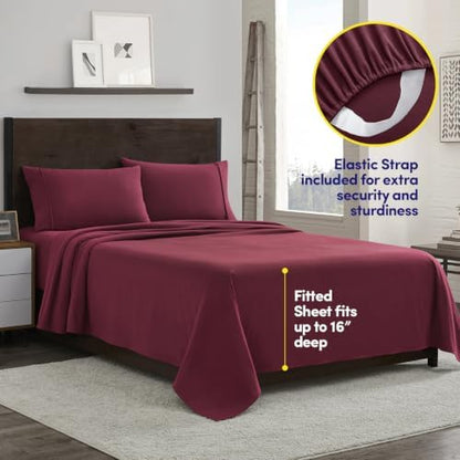 Flannel Sheets Warm and Cozy Deep Pocket Breathable All Season Bedding Set with Fitted, Flat and Pillowcases, King, Burgundy Red
