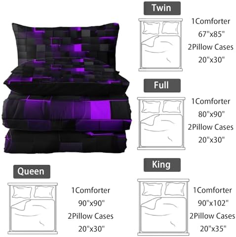Nttopship Neon Purple Black Comforter Set Full Geometric Kids Bedding Set,3 PCS Geometry Honeycomb Bed Set Modern Quilt Set 1 Comforter 2 Pillow Cases Cool Room Decor All Season B-Side Black