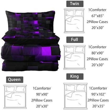 Nttopship Neon Purple Black Comforter Set Twin Geometric Kids Bedding Set,3 PCS Geometry Honeycomb Bed Set Modern Quilt Set 1 Comforter 2 Pillow Cases Cool Room Decor All Season B-Side Black