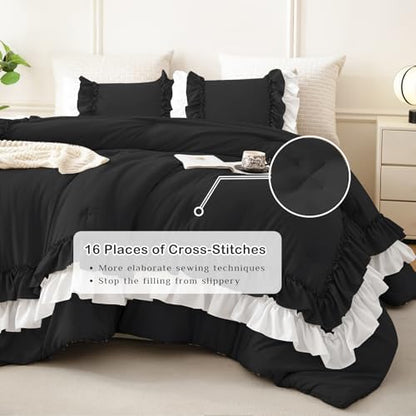 Masaca Ruffled Queen Comforter Set,Farmhouse Shabby Boho Chic Bedding Black and White Ruffle Comforter 3PCS Vintage Rustic French Country Elegant Bedding Set Ultra Soft