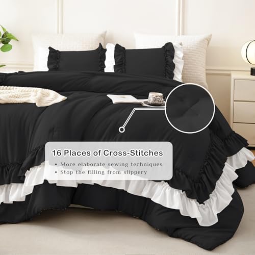 Masaca Ruffled King Comforter Set,Farmhouse Shabby Boho Chic Black and White Bedding Comforter Lightweight Ultra Soft Vintage French Country Bedding Set 3Pcs (1 Ruffle Comforter and 2 Pillowcases)