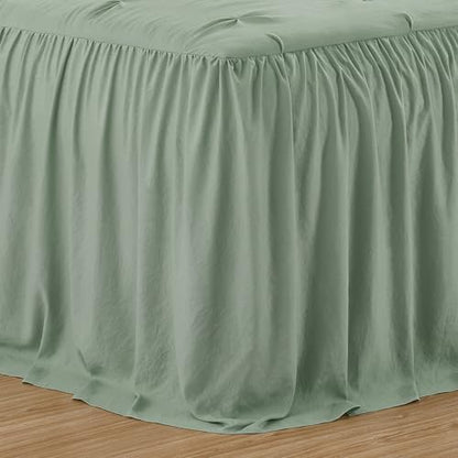 Chezmoi Collection Aria 3-Piece Pintuck Ruffle Skirt Bedspread Set - Lightweight Pinch Pleat Crinkled Texture Microfiber Bedding - French Country Chic Farmhouse - Full, Sage Green