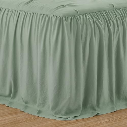 Chezmoi Collection Aria 3-Piece Pintuck Ruffle Skirt Bedspread Set - Lightweight Pinch Pleat Crinkled Texture Microfiber Bedding - French Country Chic Farmhouse - California King, Sage Green