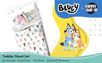 Sunny Side Up Bluey & Friends Toddler Sheet Set - 3 Piece Toddler Bedding Set Includes Pillow Cover - Super Soft Microfiber Sheets