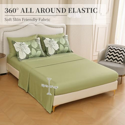 Luxudecor Olive Green Comforter Set King Size, 7 Pieces Floral Bed in a Bag