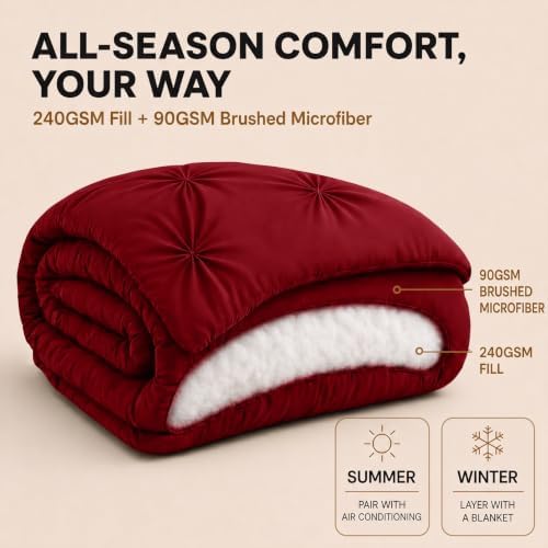 HIMEET King Size Comforter Set Deep Red - 7 Pieces Pintuck Bed in a Bag