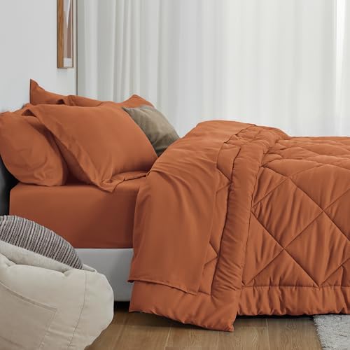 Love's cabin California King Comforter Set Terracotta, 7 Pieces California King Bed in a Bag, All Season Bedding Sets with 1 Comforter, 1 Flat Sheet, 1 Fitted Sheet, 2 Pillowcase and 2 Pillow Sham