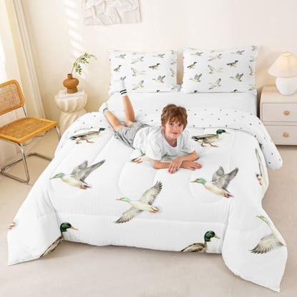 Feelyou Mallard Duck Bedding Set Soft for Boys Girls, Hunting and Fishing Comforter Set Queen Size Wild Animal Duvet Quilt Microfiber Wildlife White Bedroom Decor 3 Pcs with 2 Pillow Cases