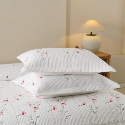 MarCielo 3pcs Cotton Quilt Set White Red Floral