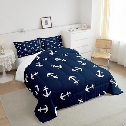 Manfei Anchor Comforter Set Twin Size, Nautical Theme Summer Ocean Anchor Bedding Set 2pcs for Kids Boys Teens Room Decor, Luxurious Navy Blue Down Comforter with 1 Pillowcase, No Sheets