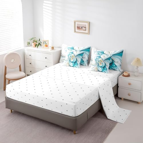 Erosebridal Marble Texture Comforter Set Queen Size,Abstract Floral Bedding Set for Kids Teens,Teal Gradient Tie Dye (Comforter+Fitted+Flat Sheet+2 Pillowcases+2 Throw Pillow Covers) 7 Pieces Bed Set