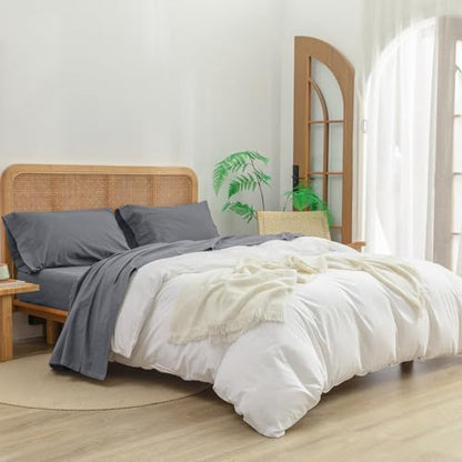 BESTOUCH King Washed Cotton Linen Feel Sheet Set 4 Pcs Quiet Shade Grey