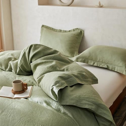 Simple&Opulence 100% Linen Duvet Cover Set with Crossed Embroidery Washed - 3 Pieces (1 Duvet Cover with 2 Pillow Shams) Soft Breathable Farmhouse - Sage Green, Queen Size
