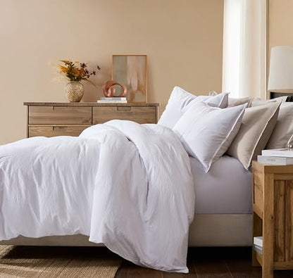 WDCOZY White Queen Size Jacquard Duvet Cover Set with Zipper Closure, Modern Washed Soft Striped Bedding, Textured Seersucker Like Cotton Linen, 1 Duvet Cover and 2 Pillow Shams, No Comforter