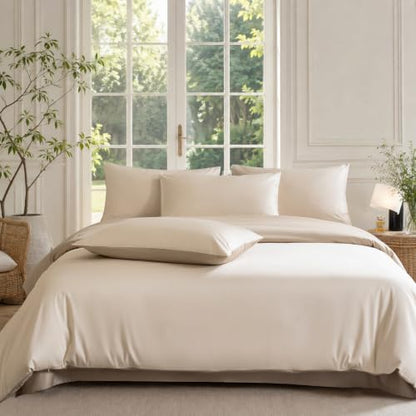 Twin Size Duvet Cover, 100% Egyptian Cotton,1600 Thread Count, Reversible Duvet Cover, Soft and Breathable Satin Bedding Set, All Seasons (Heather Oat Beige, 68"x90")