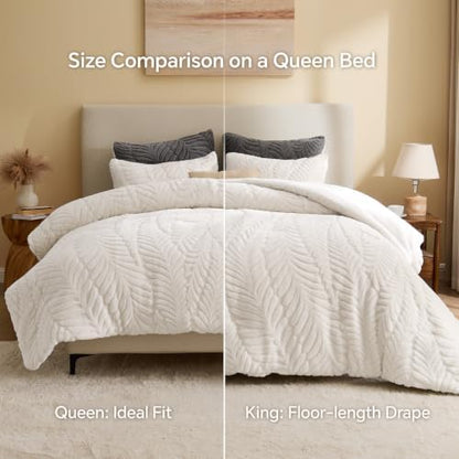 BEDELITE Fluffy Sherpa Queen Comforter Set,Leaf-Cream