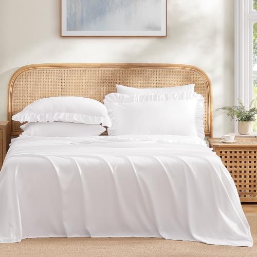ROSE&RISY Queen Ruffle Sheet Set 4 Piece - White Soft Lightweight Microfiber Bedding with Deep Pocket, Breathable Ruffled Flat Sheet & Pillowcases (White, Queen Size)