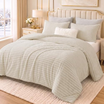 CozyLux Fleece Full Size Comforter Sets, 3 Piece Winter Warm Beige Bedding