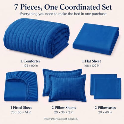 CozyLux King Comforter Set, 7 Pieces Classic Blue Seersucker Bed in a Bag