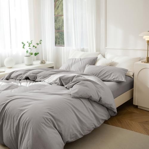 JIYUAN King Washed Cotton Duvet Cover Set, 3-Piece, Relaxed Linen Feel