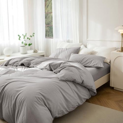 JIYUAN King Washed Cotton Duvet Cover Set, 3-Piece, Relaxed Linen Feel