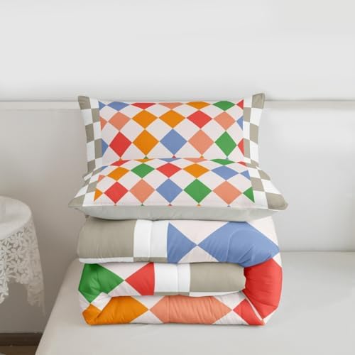 Feelyou Checkered Geometric Kids Comforter Set Queen Size Colorful Beige Brown Plaid Bedding Set Checkerboard Modern Aesthetic Duvet Quilt for Kids Boys Girls Bedroom Reversible Grey Decor