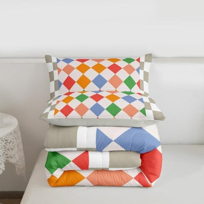 Feelyou Checkered Geometric Kids Comforter Set King Size Colorful Beige Brown Plaid Bedding Set Checkerboard Modern Aesthetic Duvet Quilt for Kids Boys Girls Bedroom Reversible Grey Decor