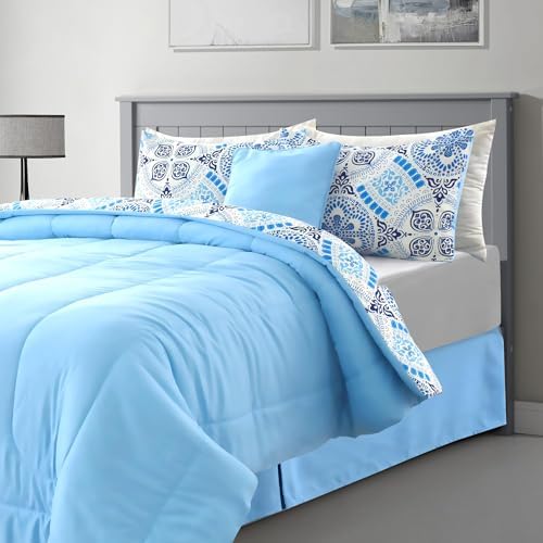 LUX Décor Reversible 4pc Twin Comforter Set, Printed Bedding Set, All-in-One Bed in a Bag, Includes 1 Comforter, 1 Pillow Sham, 1 Decor Pillow & 1 Bed Skirt (Aztec Sky,Twin)
