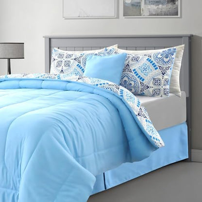 LUX Décor Reversible 4pc Twin Comforter Set, Printed Bedding Set, All-in-One Bed in a Bag, Includes 1 Comforter, 1 Pillow Sham, 1 Decor Pillow & 1 Bed Skirt (Aztec Sky,Twin)