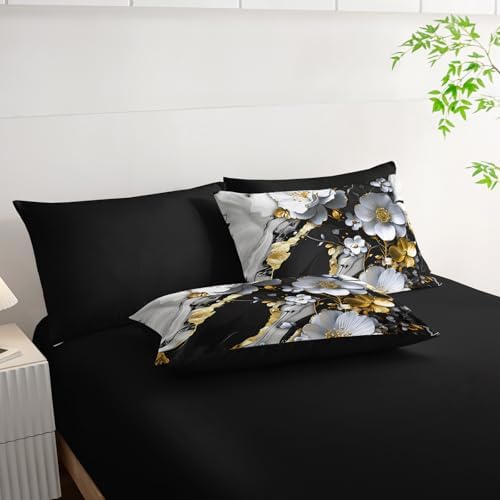 7 Piece Marble Floral Comforter Set Queen，Black and White Marble Bedding Set，Black and Gold Marble Bedroom Decor，(1 Comforter, 1 Flat Sheet, 1 Fitted Sheet, 2 Pillowcase and 2 Pillow Sham)